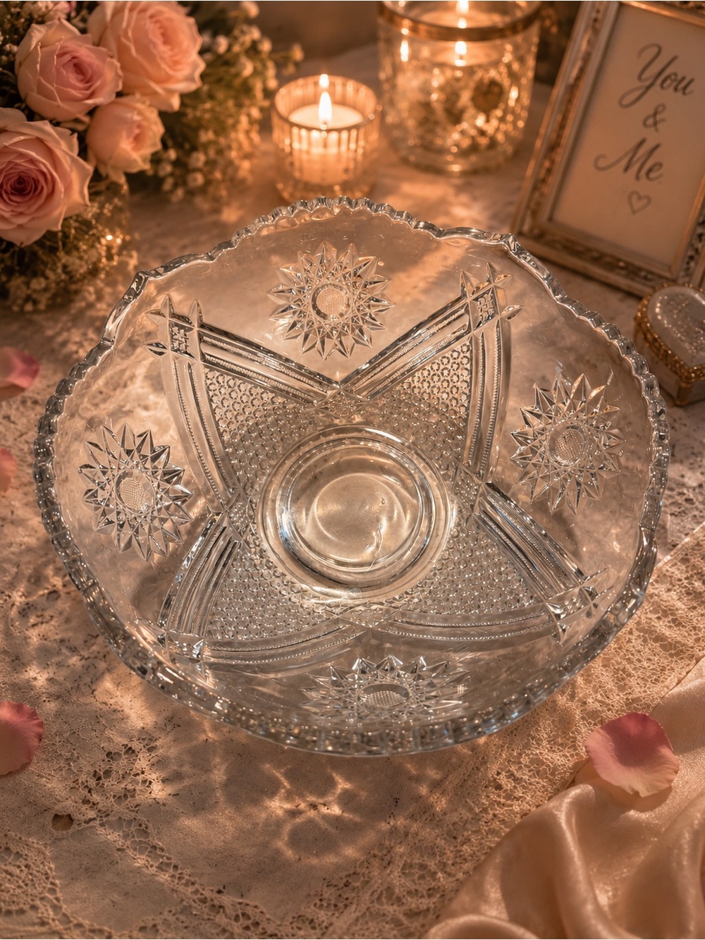 Vintage Pressed Clear Cut Glass Serving Bowl - Elegant Home Dining Centerpiece